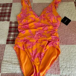 NWT Ellen Tracy Orange Pink Seashell Coral 1 Piece Swimsuit Sz 14